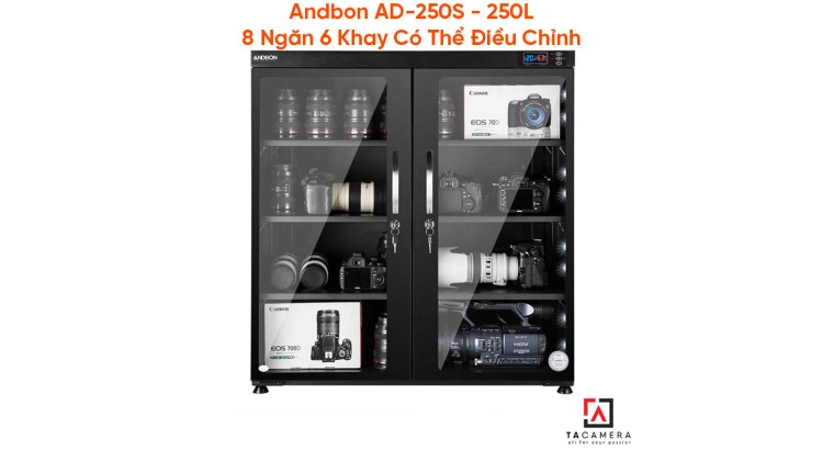 Tủ Chống Ẩm Máy Ảnh Andbon AD-250S - 250L 8 Ngăn 6 Khay Có Thể Điều Chỉnh