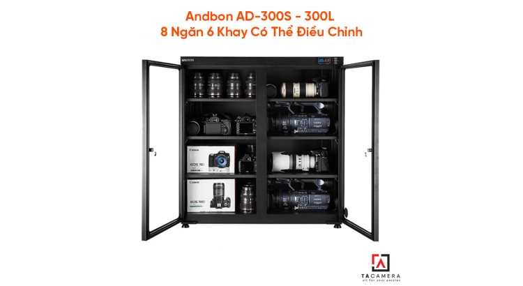 Tủ Chống Ẩm Máy Ảnh Andbon AD-300S - 300L 8 Ngăn 6 Khay Có Thể Điều Chỉnh