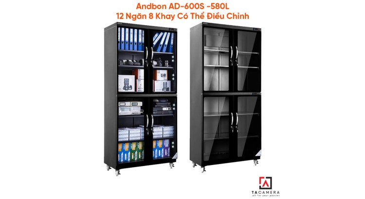 Tủ Chống Ẩm Máy Ảnh Andbon AD-600S -580L 12 Ngăn 8 Khay Có Thể Điều Chỉnh