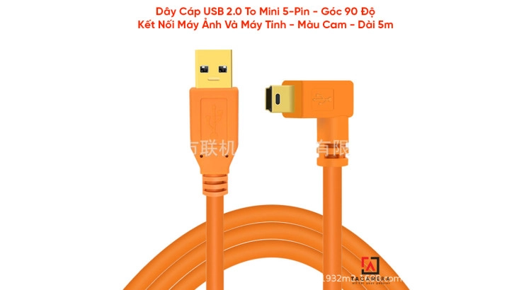 Dây Cáp USB 2.0 To Mini 5-Pin - Chụp Ảnh Flatlay Bằng Liveview - Màu Cam - Dài 5m - Right Angle