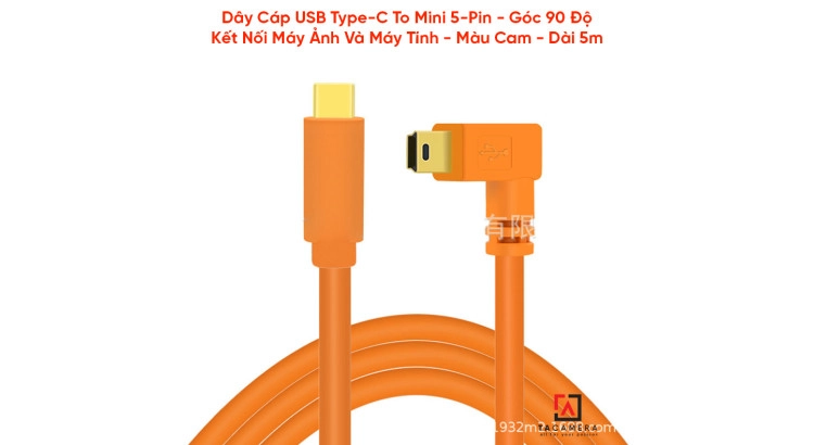 Dây Cáp Type-C To Mini 5-Pin - Chụp Ảnh Flatlay Bằng Liveview - Màu Cam - Dài 5m - Right Angle