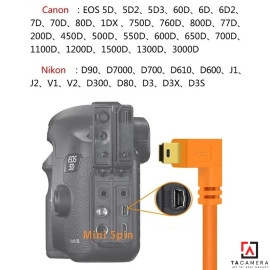 Dây Cáp Type-C To Mini 5-Pin - Chụp Ảnh Flatlay Bằng Liveview - Màu Cam - Dài 5m - Right Angle