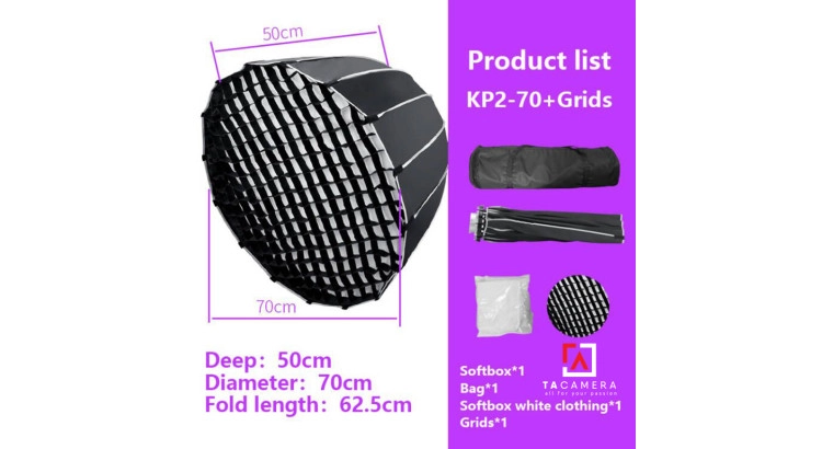Bowen Mount Softbox Triopo Dù Parabolic Thao Tác Nhanh KP2-70 16 Cạnh - 70cm - Có Tổ Ong