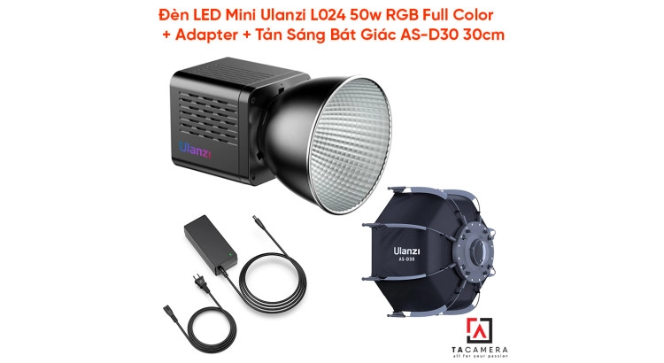 Đèn LED Mini Ulanzi L024 50w RGB Full Color + Adapter HT005 + Tản Sáng Bát Giác AS-D30 30cm