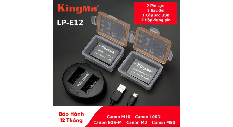 Pin - Sạc Đôi KingMa Cổng USB Cho Canon LP-E12 750mAh