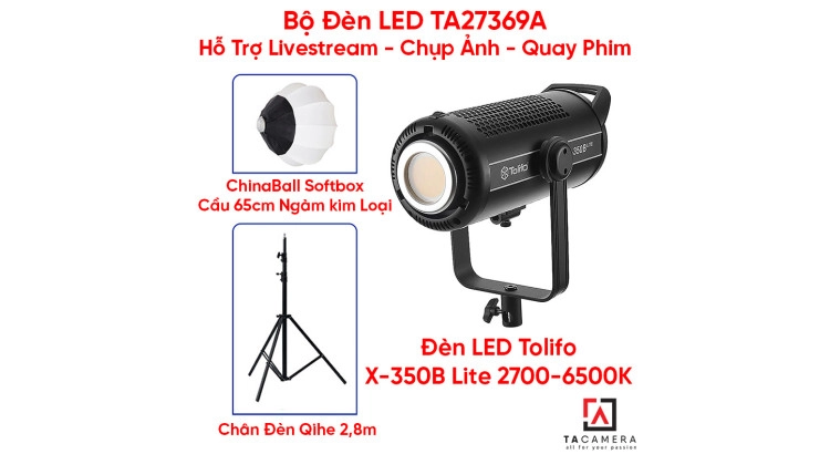 Bộ Đèn LED TA27369A Hỗ Trợ Livestream - Chụp Ảnh - Quay Phim (LED Tolifo X-350B Lite + Chân Qihe 2,8m + Tản Sáng Chinaball 65cm)