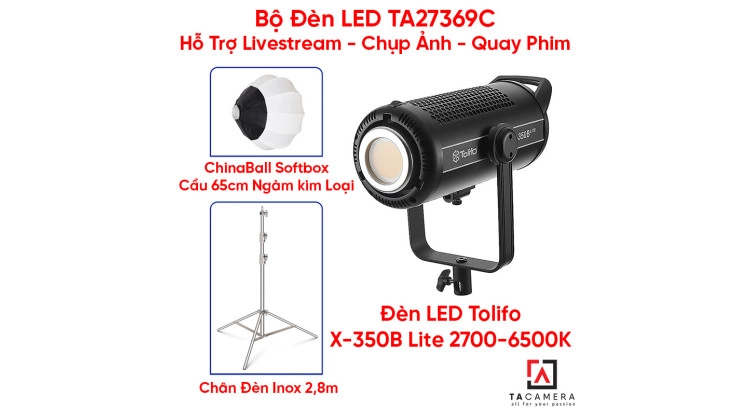 Bộ Đèn LED TA27369C Hỗ Trợ Livestream - Chụp Ảnh - Quay Phim (LED Tolifo X-350B Lite + Chân Inox 2,8m + Tản Sáng Chinaball 65cm)