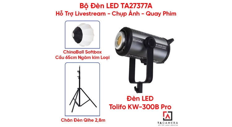 Bộ Đèn LED TA27377A Hỗ Trợ Livestream - Chụp Ảnh - Quay Phim (LED Tolifo KW-300B Pro + Chân Qihe 2,8m + Chinaball 65cm)
