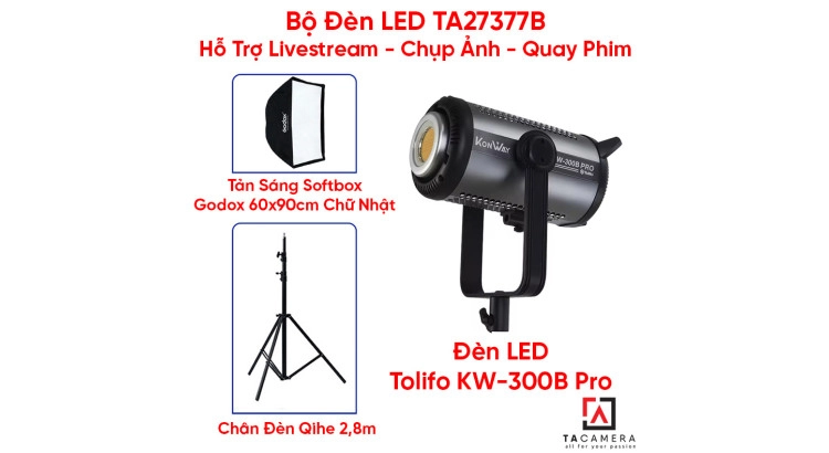 Bộ Đèn LED TA27377B Hỗ Trợ Livestream - Chụp Ảnh - Quay Phim (LED Tolifo KW-300B Pro + Chân Qihe 2,8m + Tản Sáng Godox 60x90cm)