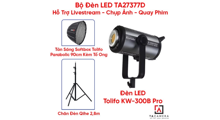 Bộ Đèn LED TA27377D Hỗ Trợ Livestream - Chụp Ảnh - Quay Phim (LED Tolifo KW-300B Pro + Chân Qihe 2,8m + Tản Sáng Parabolic 90cm Kèm Tổ Ong)