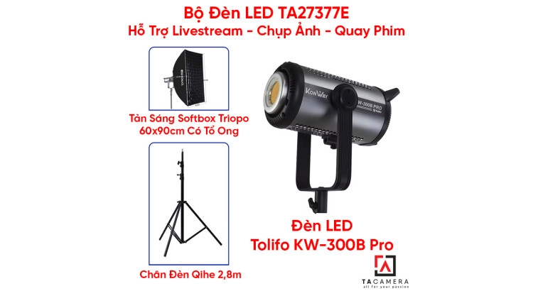 Bộ Đèn LED TA27377E Hỗ Trợ Livestream - Chụp Ảnh - Quay Phim (LED Tolifo KW-300B Pro + Chân Qihe 2,8m + Tản Sáng Triopo 60x90cm Kèm Tổ Ong)
