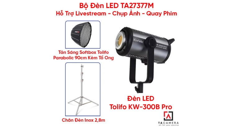 Bộ Đèn LED TA27377M Hỗ Trợ Livestream - Chụp Ảnh - Quay Phim (LED Tolifo KW-300B Pro + Chân Inox 2,8m + Tản Sáng Parabolic 90cm Kèm Tổ Ong)