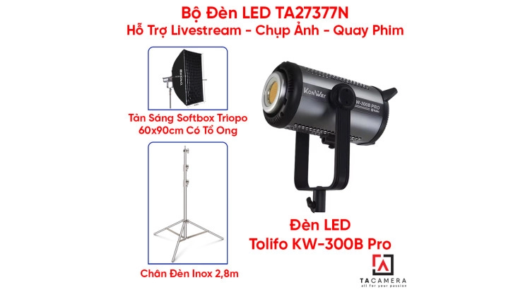 Bộ Đèn LED TA27377N Hỗ Trợ Livestream - Chụp Ảnh - Quay Phim (LED Tolifo KW-300B Pro + Chân Inox 2,8m + Tản Sáng Triopo 60x90cm Kèm Tổ Ong)