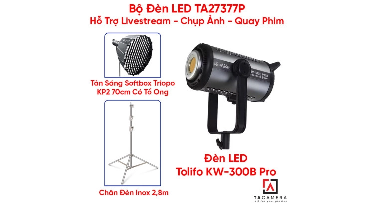 Bộ Đèn LED TA27377P Hỗ Trợ Livestream - Chụp Ảnh - Quay Phim (LED Tolifo KW-300B Pro + Chân Inox 2,8m + Tản Sáng Triopo Parabolic KP2 70cm Kèm Tổ Ong)