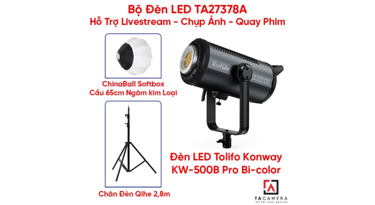 Bộ Đèn LED TA27378A Hỗ Trợ Livestream - Chụp Ảnh - Quay Phim (LED Tolifo Konway KW-500B Pro + Chân Qihe 2,8m + Chinaball 65cm)