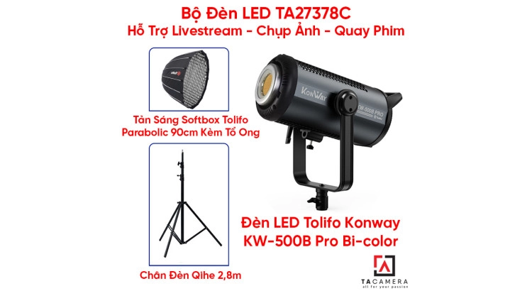 Bộ Đèn LED TA27378C Hỗ Trợ Livestream - Chụp Ảnh - Quay Phim (LED Tolifo Konway KW-500B Pro + Chân Qihe 2,8m + Tản Sáng Parabolic 90cm Kèm Tổ Ong)