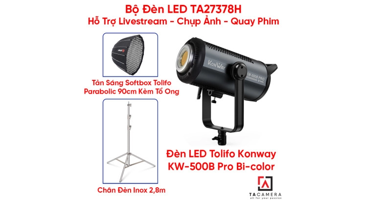 Bộ Đèn LED TA27378H Hỗ Trợ Livestream - Chụp Ảnh - Quay Phim (LED Tolifo Konway KW-500B Pro + Chân Inox 2,8m + Tản Sáng Parabolic 90cm Kèm Tổ Ong)