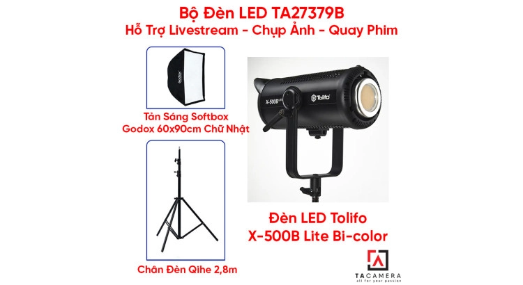 Bộ Đèn LED TA27379B Hỗ Trợ Livestream - Chụp Ảnh - Quay Phim (LED Tolifo X-500B Lite + Chân Qihe 2,8m + Tản Sáng 60x90 Godox)