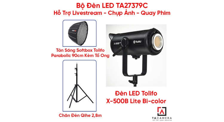 Bộ Đèn LED TA27379C Hỗ Trợ Livestream - Chụp Ảnh - Quay Phim (LED Tolifo X-500B Lite + Chân Qihe 2,8m + Tản Sáng Parabolic 90cm Kèm Tổ Ong)