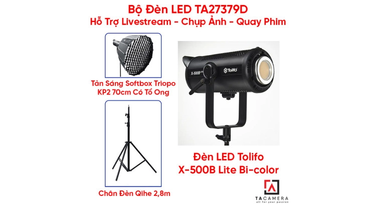 Bộ Đèn LED TA27379D Hỗ Trợ Livestream - Chụp Ảnh - Quay Phim (LED Tolifo X-500B Lite + Chân Qihe 2,8m + Tản Sáng Triopo Parabolic KP2 70cm Kèm Tổ Ong)