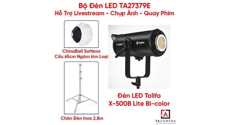 Bộ Đèn LED TA27379E Hỗ Trợ Livestream - Chụp Ảnh - Quay Phim (LED Tolifo X-500B Lite + Chân Inox 2,8m + Chinaball 65cm)