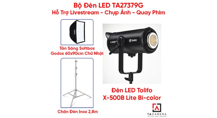Bộ Đèn LED TA27379G Hỗ Trợ Livestream - Chụp Ảnh - Quay Phim (LED Tolifo X-500B Lite + Chân Inox 2,8m + Tản Sáng 60x90 Godox)