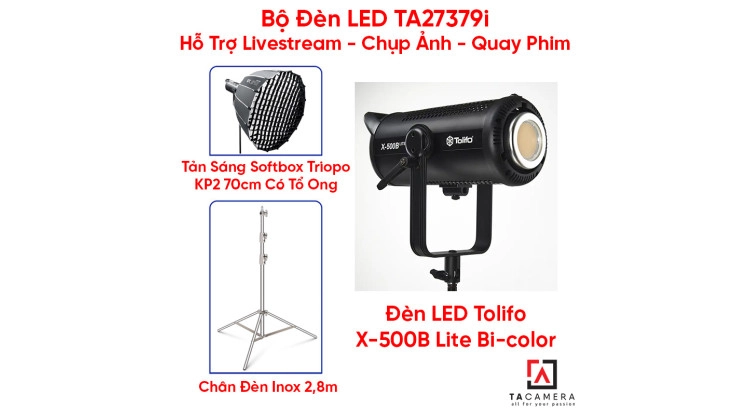 Bộ Đèn LED TA27379i Hỗ Trợ Livestream - Chụp Ảnh - Quay Phim (LED Tolifo X-500B Lite + Chân Inox 2,8m + Tản Sáng Triopo Parabolic KP2 70cm Kèm Tổ Ong)