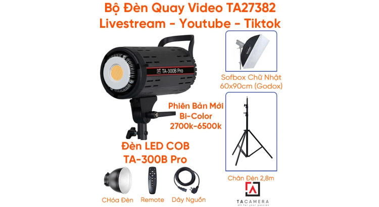 Bộ Đèn Quay Video - Livestream - Youtube - Tiktok TA27382 (LED TA-300B + Chân 2,8m + sb 60x90 Godox)