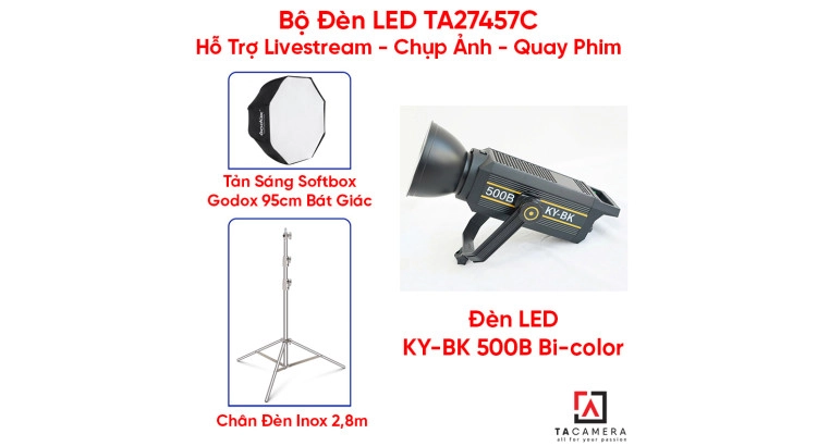 Bộ Đèn LED TA27457C Hỗ Trợ Livestream - Chụp Ảnh - Quay Phim (LED KY-BK 500B + Chân Inox 2,8m + Tản Sáng Godox 95cm)