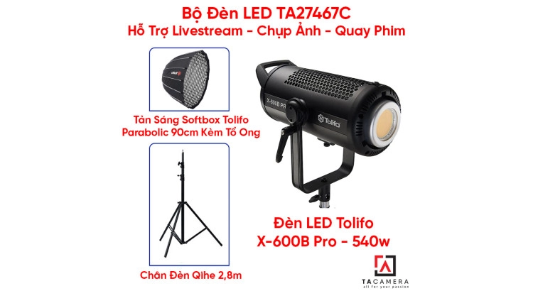 Bộ Đèn LED TA27467C Hỗ Trợ Livestream - Chụp Ảnh - Quay Phim (LED Tolifo X-600B Pro + Chân Qihe 2,8m + Tản Sáng Parabolic 90cm Kèm Tổ Ong)