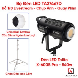 Bộ Đèn LED TA27467D Hỗ Trợ Livestream - Chụp Ảnh - Quay Phim (LED Tolifo X-600B Pro + Chân Inox 2,8m + Tản Sáng Chinaball 65cm)