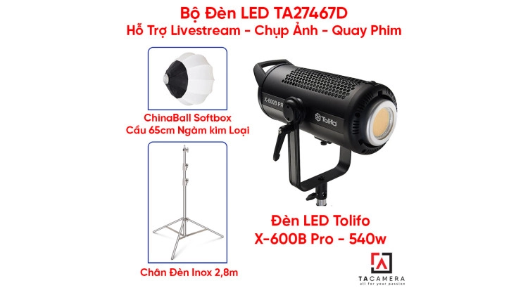 Bộ Đèn LED TA27467D Hỗ Trợ Livestream - Chụp Ảnh - Quay Phim (LED Tolifo X-600B Pro + Chân Inox 2,8m + Tản Sáng Chinaball 65cm)