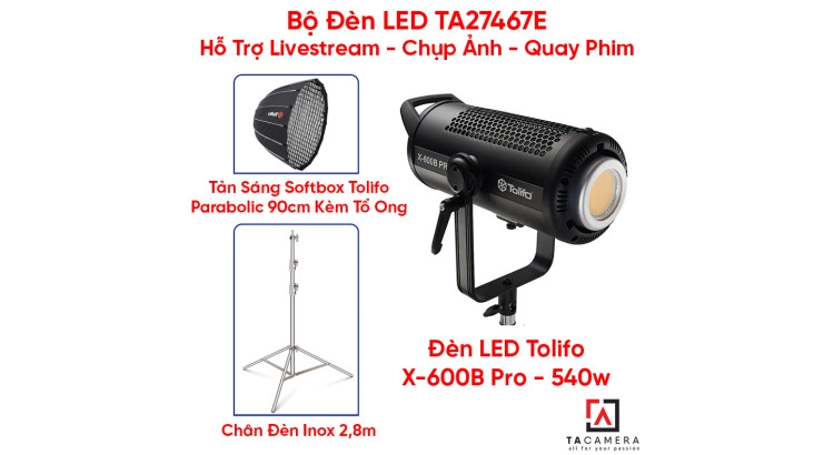 Bộ Đèn LED TA27467E Hỗ Trợ Livestream - Chụp Ảnh - Quay Phim (LED Tolifo X-600B Pro + Chân Inox 2,8m + Tản Sáng Parabolic 90cm Kèm Tổ Ong)