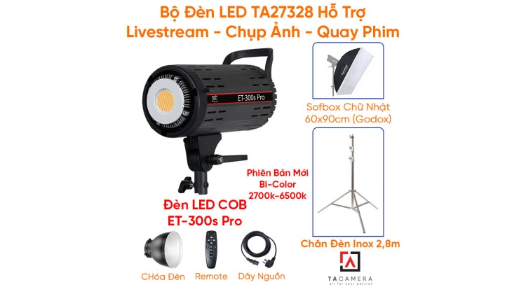 Bộ Đèn LED TA27328 Hỗ Trợ Livestream - Chụp Ảnh - Quay Phim (LED ET-300S Pro + Chân 2,8m Inox + Tản Sáng 60x90 Godox)