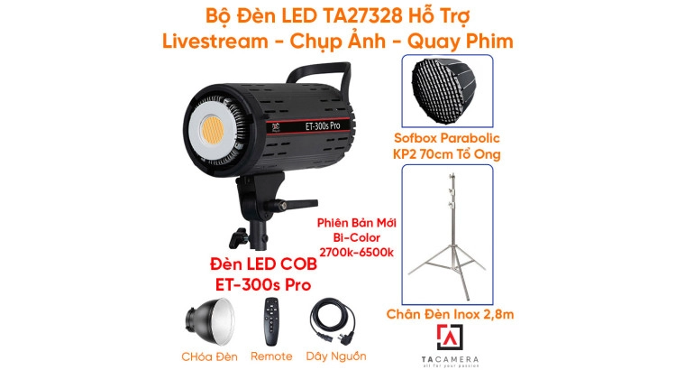 Bộ Đèn LED TA27328 Hỗ Trợ Livestream - Chụp Ảnh - Quay Phim (LED ET-300S Pro + Chân 2,8m Inox + Tản Sáng Parabolic KP2 70cm)