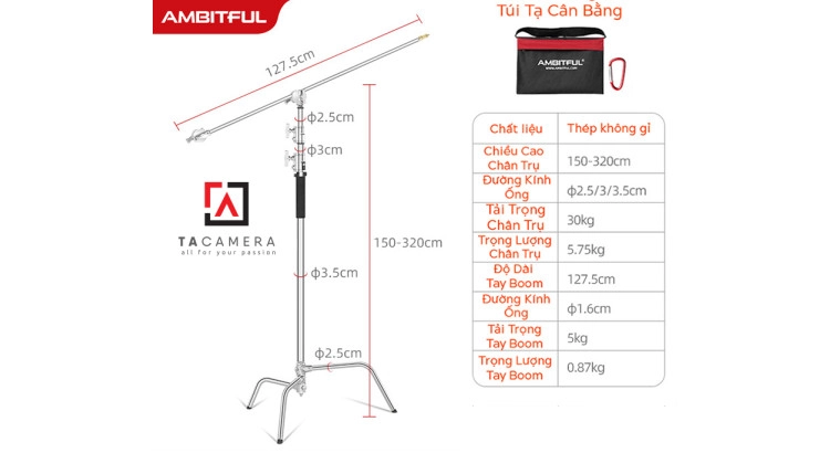 Chân Đèn C-Stand CK-1 Kèm Boom Ngang (2 Khớp Nối) Chính Hãng Ambitful