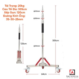 Chân Đèn Inox Chịu Tải 20kg TA305 - 305cm Kèm Bánh Xe