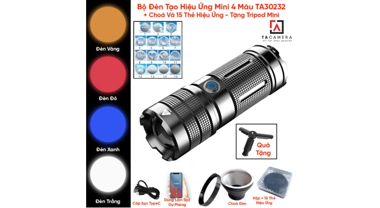 Bộ Đèn Tạo Hiệu Ứng Mini 4 Màu TA30232 + Choá Và 15 Thẻ Hiệu Ứng - Tặng Tripod Mini