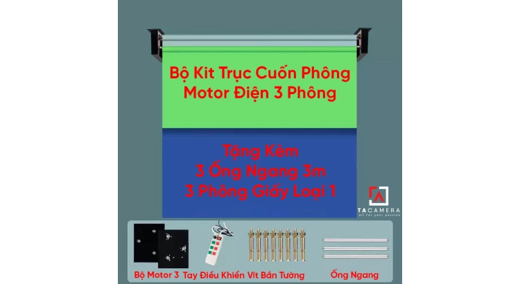 Bộ Kit Trục Cuốn Phông Motor Điện 3 Phông - Tặng Kèm 3 Ống Ngang 3m + 3 Phông Giấy Loại 1